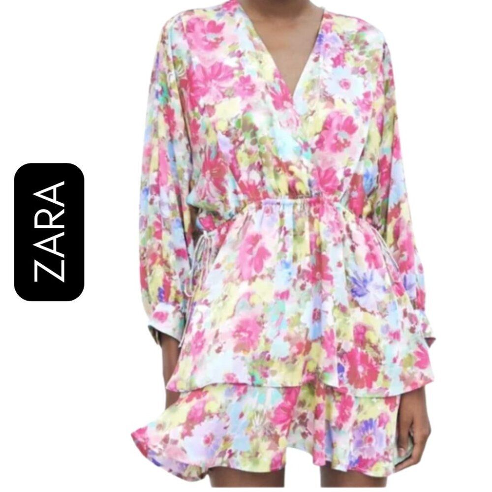 Medium Zara Multicolor Floral Satin Effect Tiered Mini Drawstrings Wrap Dress